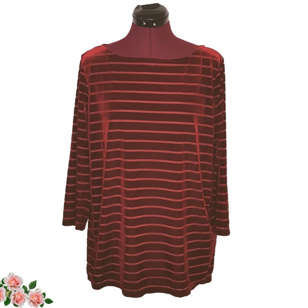 Lauren Ralph Lauren Claret Striped Velvet Tunic Burgundy Neckline Women's 1X